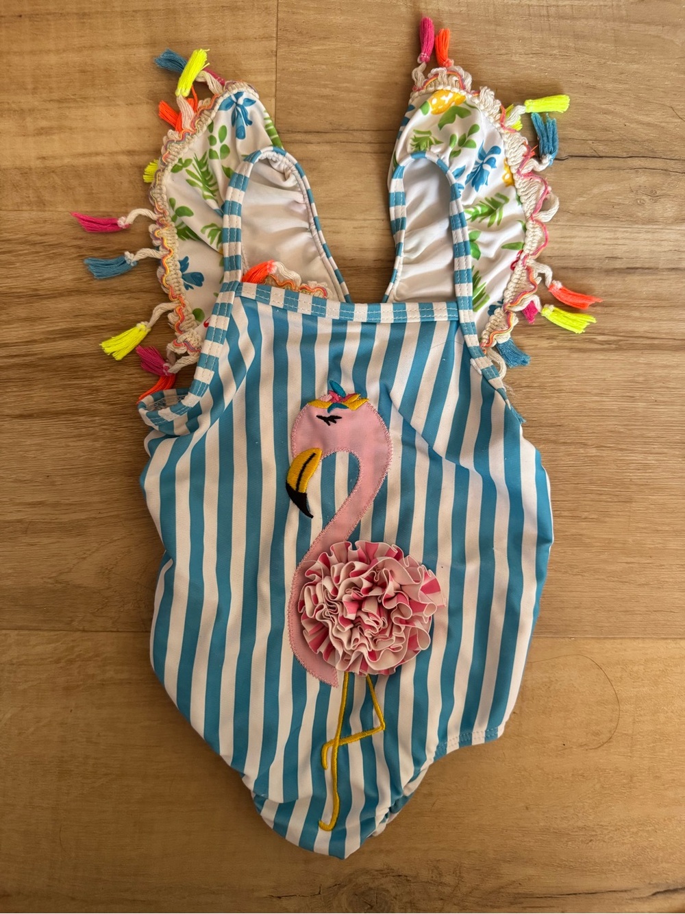 Girls Blue & White Stripe Flamingo One-Piece Swimsuit